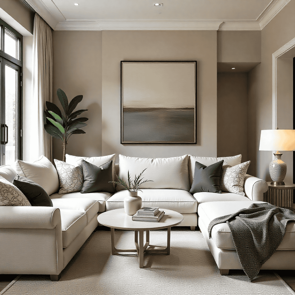 Open-plan living area with soft coastal palette and relaxed seating